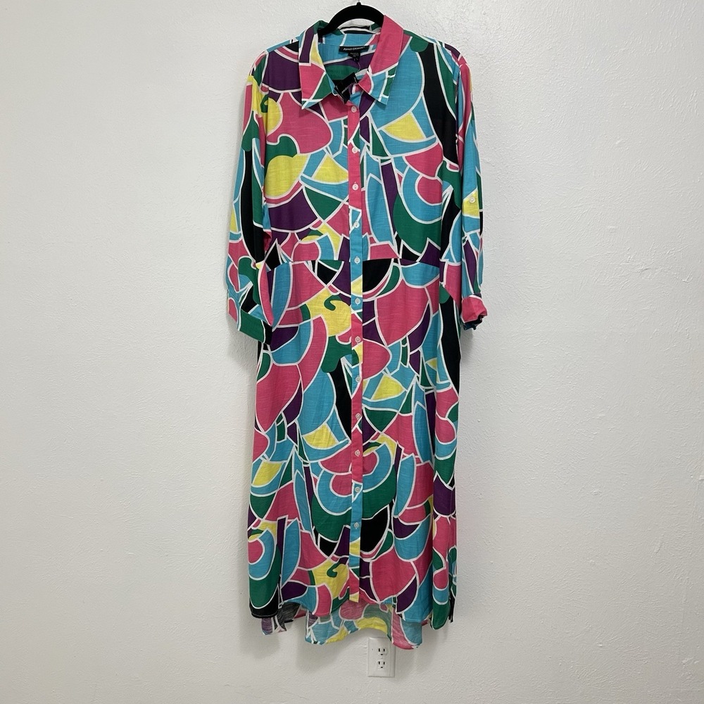 Ashley Stewart Colorful Button Front Maxi Shirt Dress Roll Tab Sleeve Sz 24 Boho